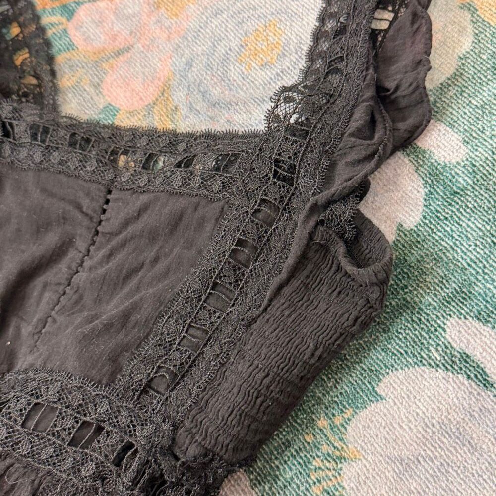 Free People Dress XS Verona Lace Trim Mini Black Square Neck Flare Gauzy Cotton - Picture 14 of 16